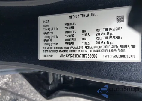 2024 Tesla Model 3 Long Range Dual Motor All-Wheel Drive/Rear-Wheel Drive from USA, damaged, VIN 5YJ3E1EA7RF752606